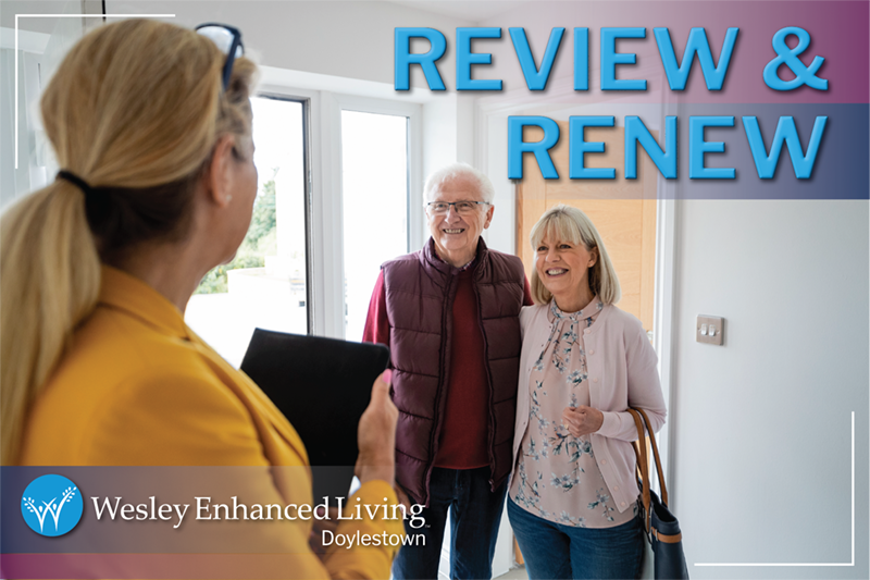 WEL Doylestown Review & Renew event invite image showing a senior couple touring a new home