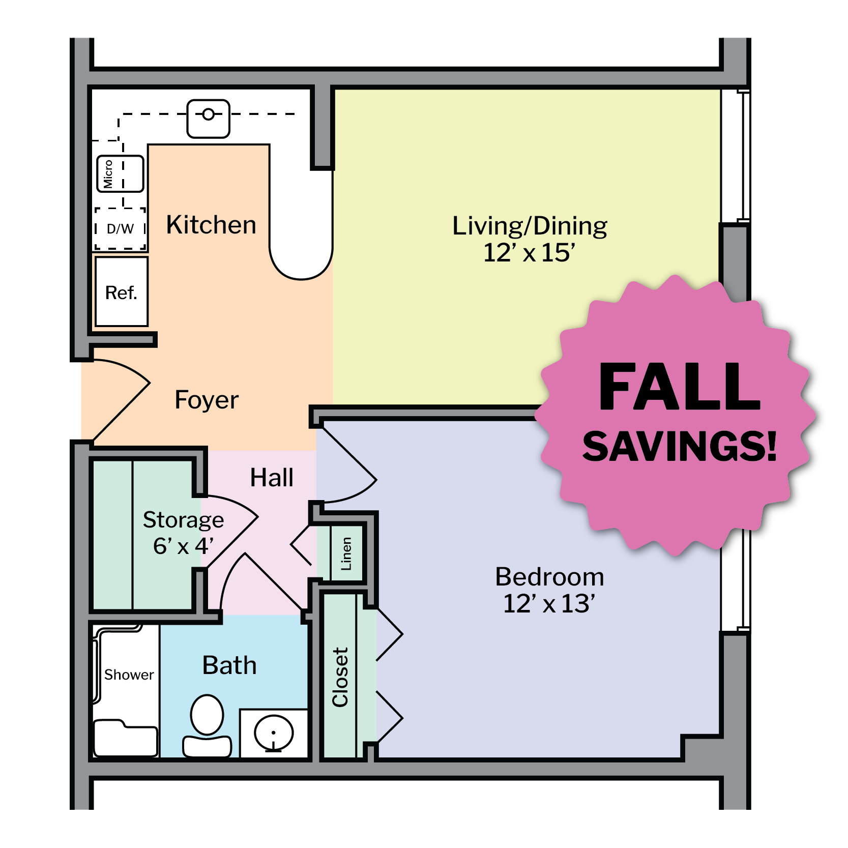 WEL Doylestown 1-bedroom Floor Plan & Fall Savings Starburst