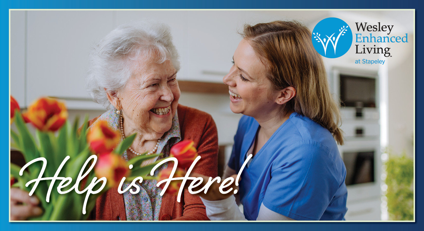 WEL at Stapeley Personal Care promo image showing senior resident and nurse smiling at each other