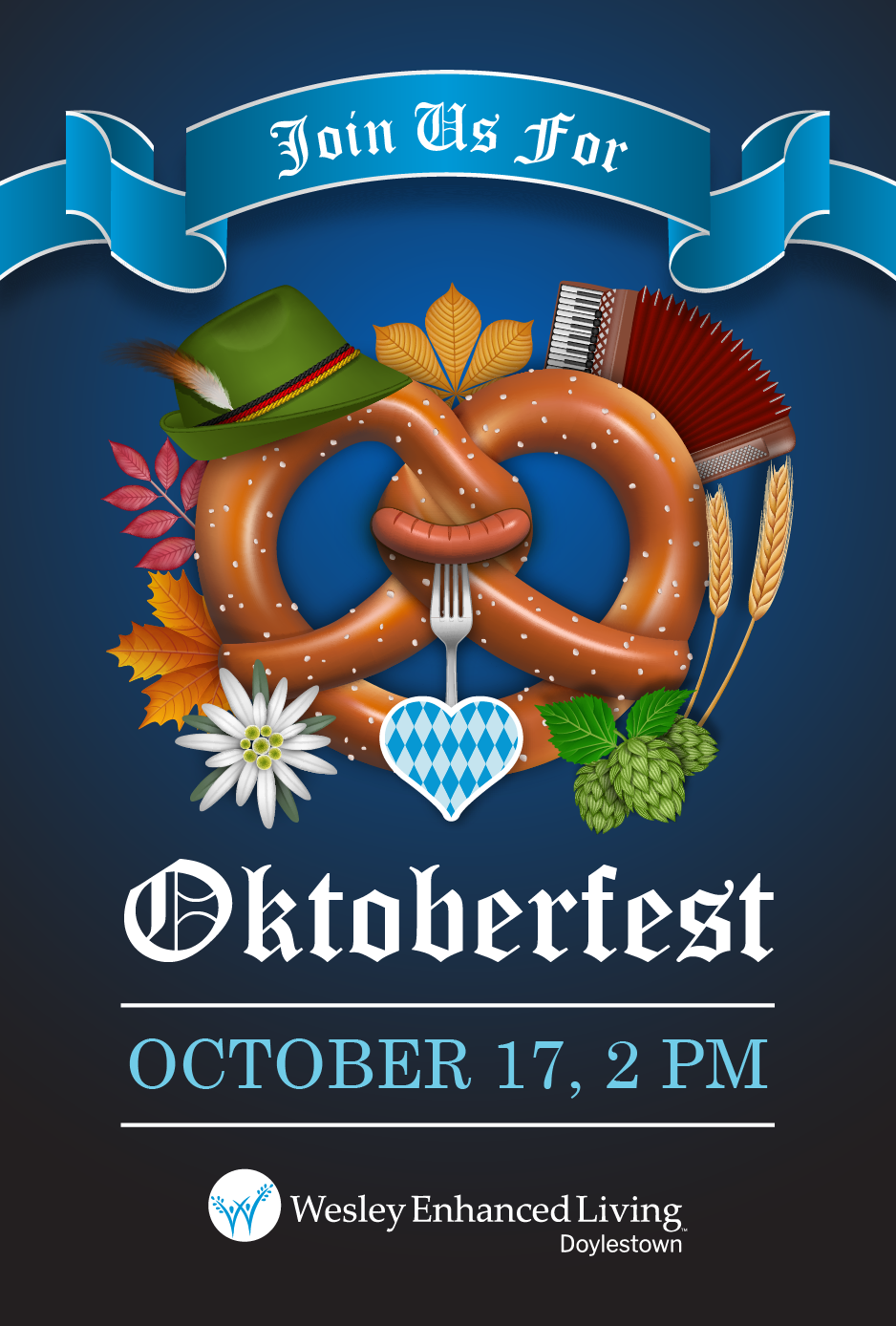WEL Doylestown Oktoberfest event invite, German themed items like pretzels and bratwurst