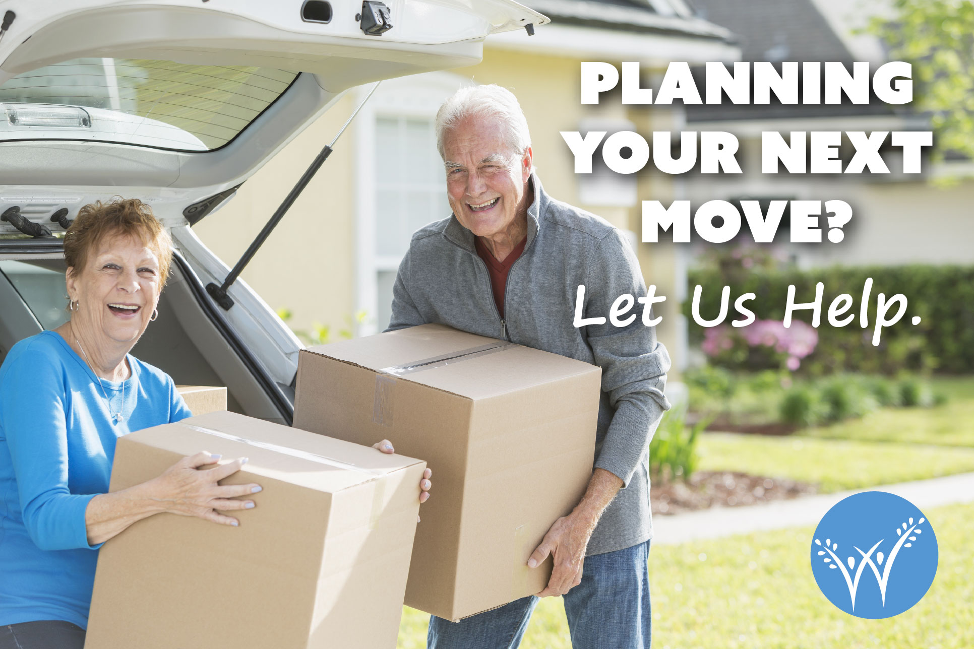 WEL Upper Moreland Tackle The Clutter Seminar event invite showing 2 seniors packing moving boxes into their car