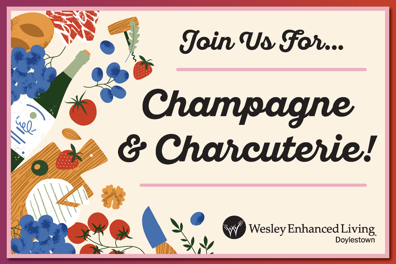 Wine Cheese & Chocolate event invite for WEL Doylestown