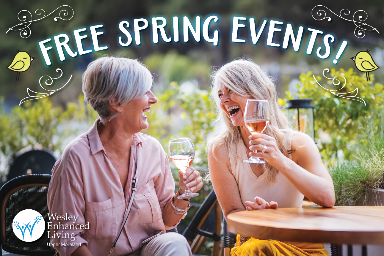 WEL Upper Moreland free spring events invite image with 2 senior women drinking wine and laughing