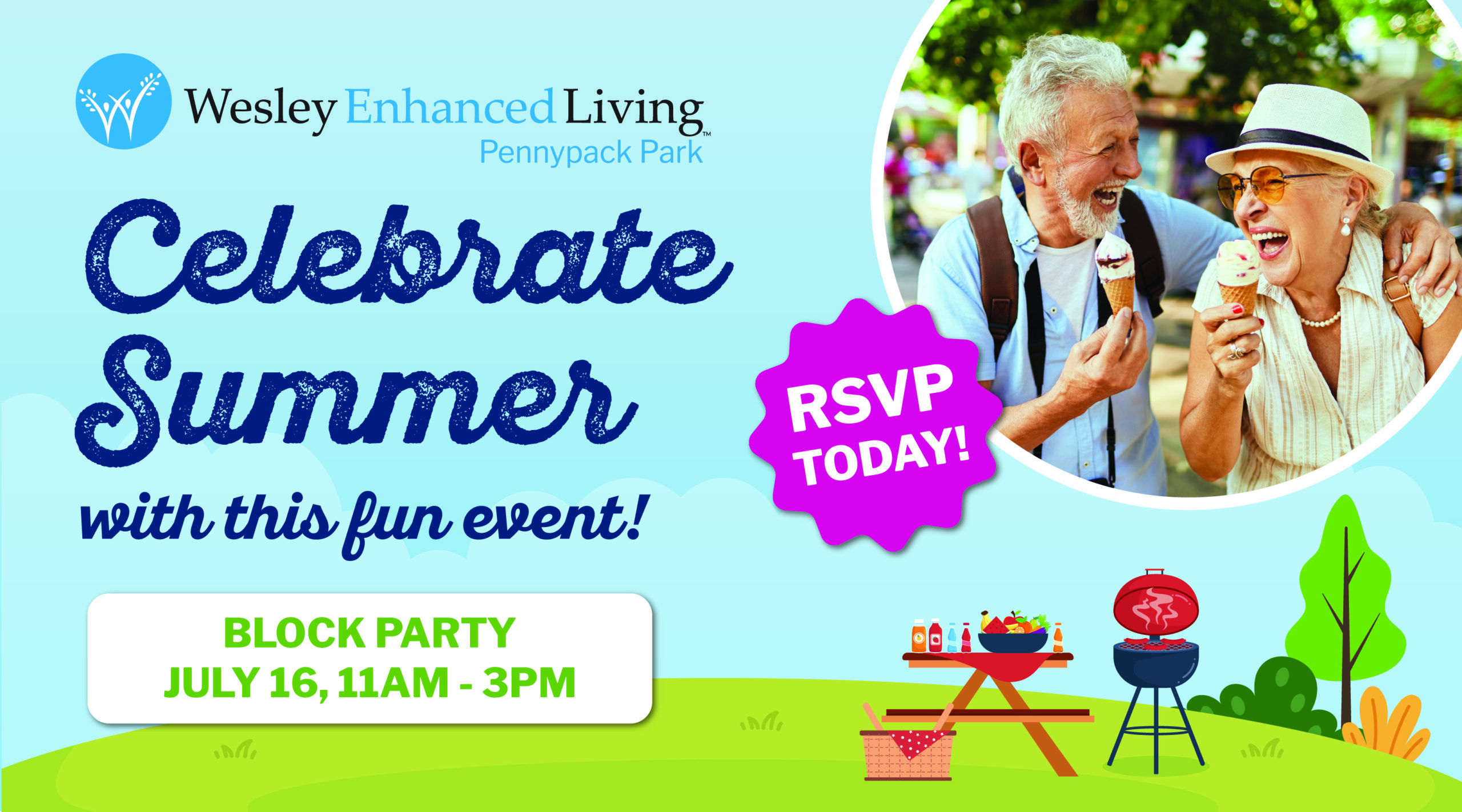 WEL Pennypack Park Summer Block Party invite with senior couple eating ice cream