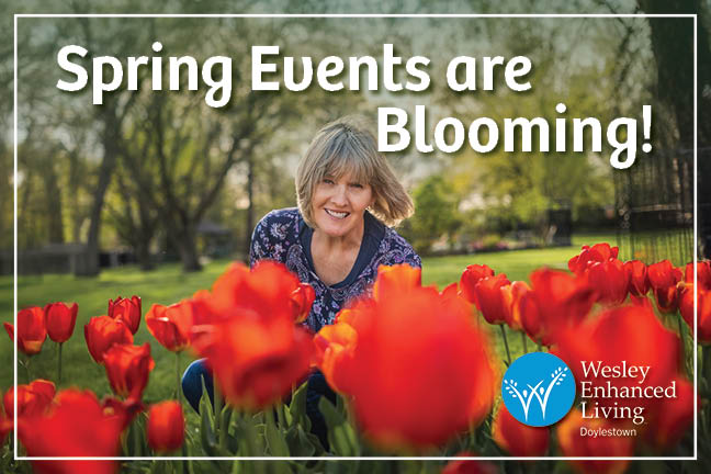 WEL Doylestown Spring Events invite, senior woman in tulip field