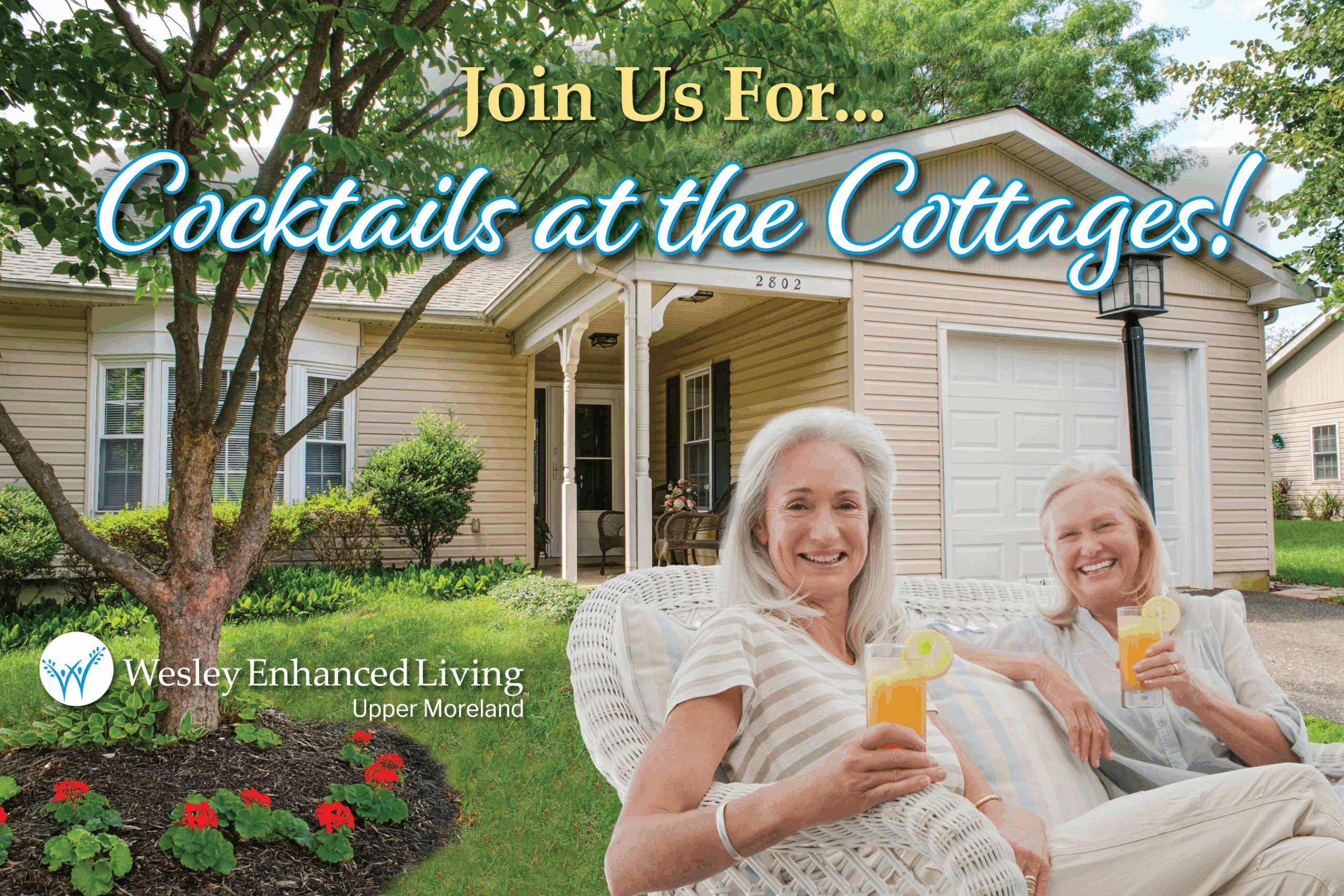 WEL Upper Moreland Cocktails At The Cottages event invite, senior women socializing with cocktails on a bench in front of a cottage