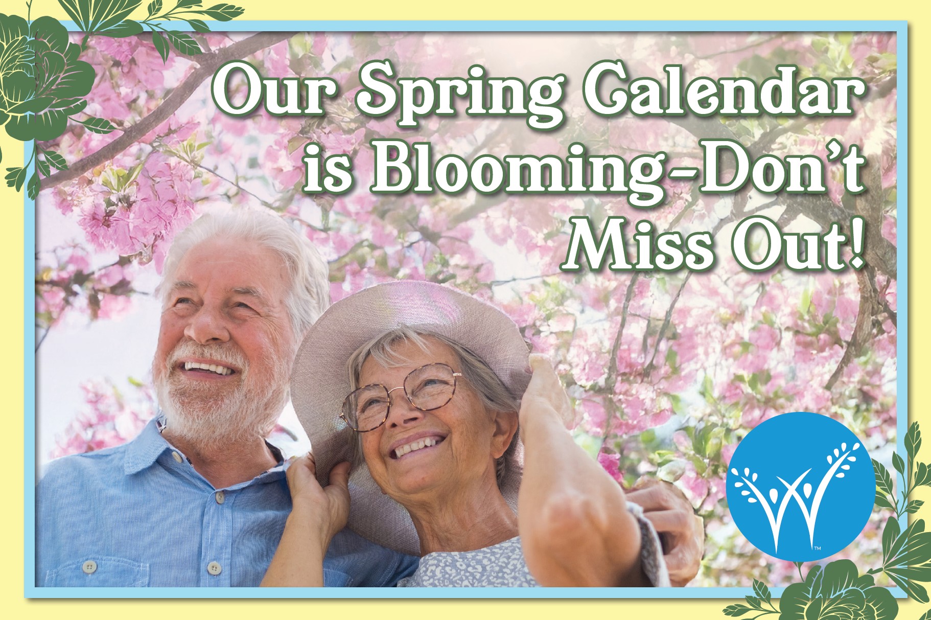 Spring events image of seniors under a flowering tree
