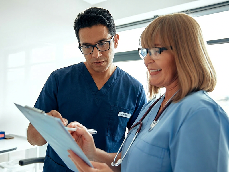 Male nurse reviewing patient information with female nurse supervisor