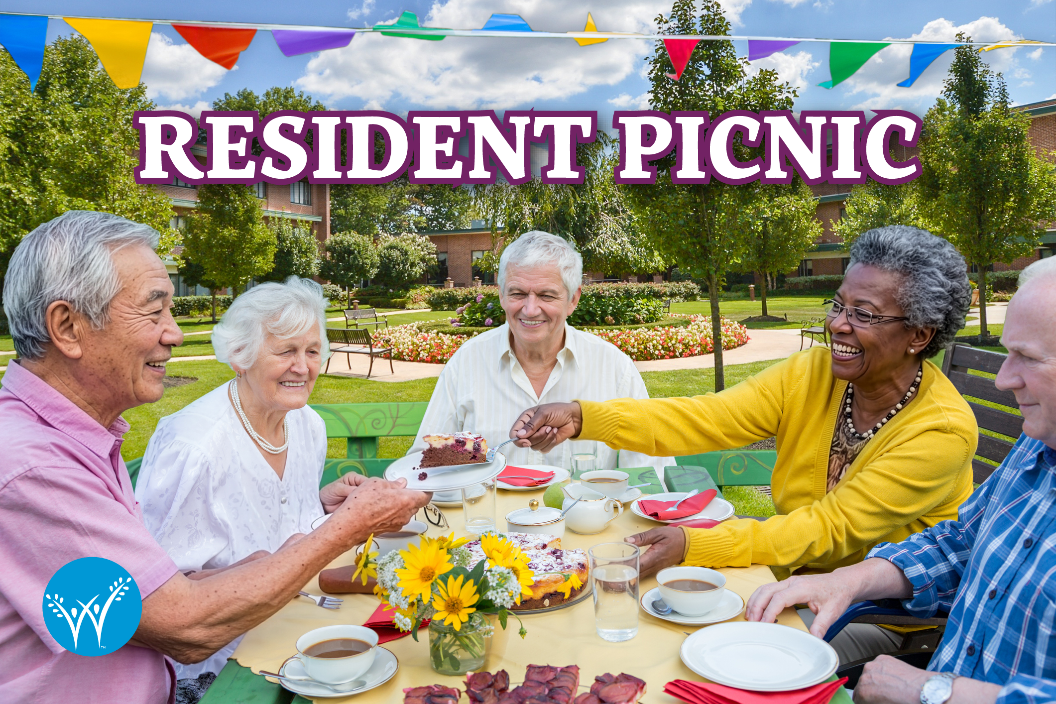 Senior residents gathered in the courtyard at WEL Pennypack Park for a picnic