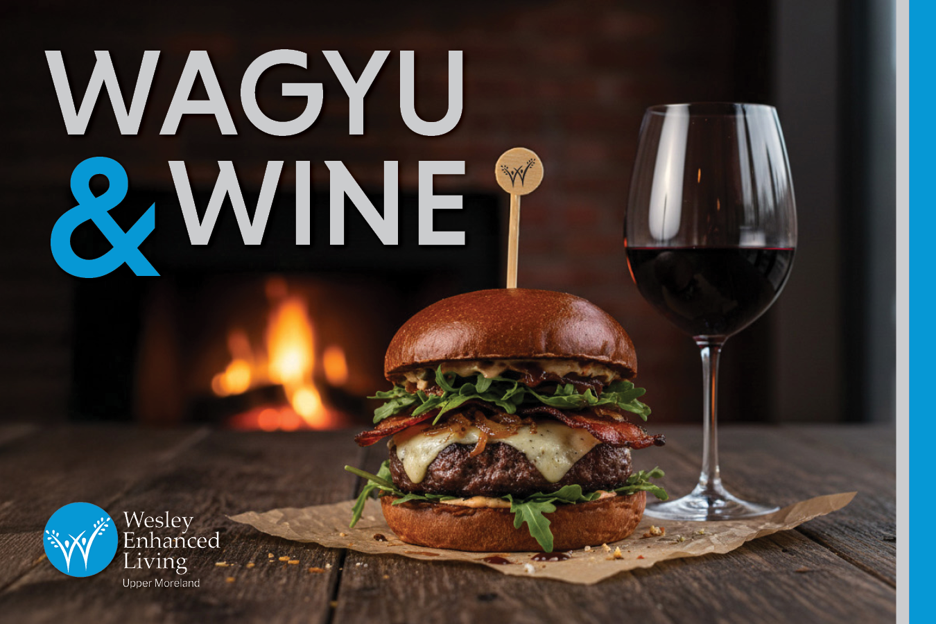 Wagyu & Wine Event image, wagyu burger and glass of red wine