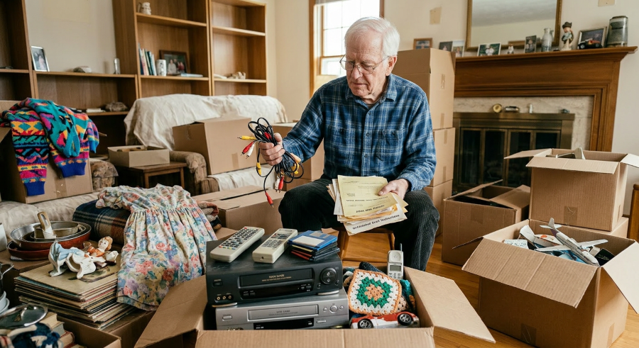 Senior man packing to downsize his home, getting rid of useless items