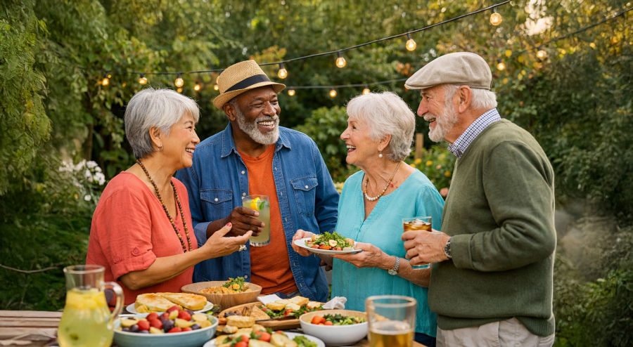 Seniors socializing at a summer garden party with food & drinks